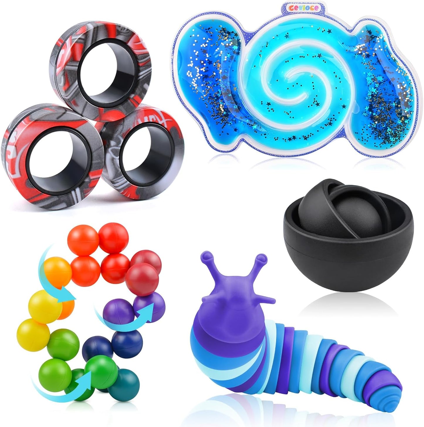 Cevioce 5Pcs Fidget Toys Adults Pack,Autism Sensory Toys with Fidget Spinner Slug Magnetic Rings,Squishy Figette Toys,Cool Gadget for Boys Teens ADHD Stress Relief,Basket Stuffers for Kids Christmas