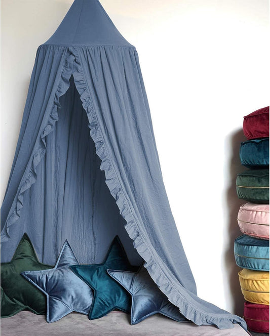 Bed Canopy with Frills Reading Nook Game Tent for Kids Boho Hanging Net Play Room Decor(Blue)