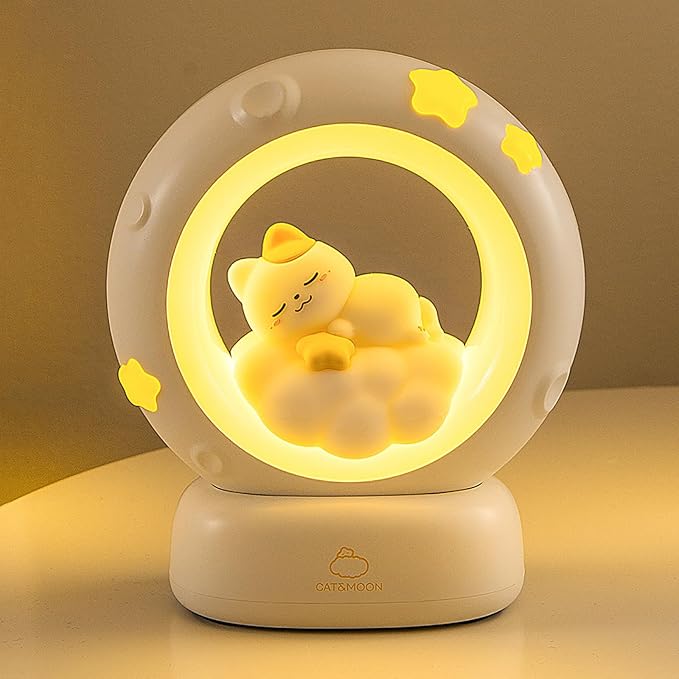 Moon and Cat Rechargeable Night Light, Safe PVC and ABS Material, 3 Brightness Levels, Tap Control, Warm Light, Toddler Sleeping Lamp, Bedroom Night Lamp, Gift for Baby and Kid (Moon and Cat)