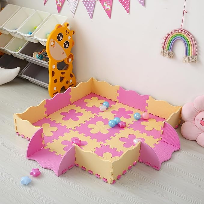 Foam Play Mat for Kids，25Pcs Square Interlocking Puzzle Floor Mat，Baby Play Mat Floor Mat Foam Puzzle Playmat for Toddlers with Fence（Pink Flower-CSH032