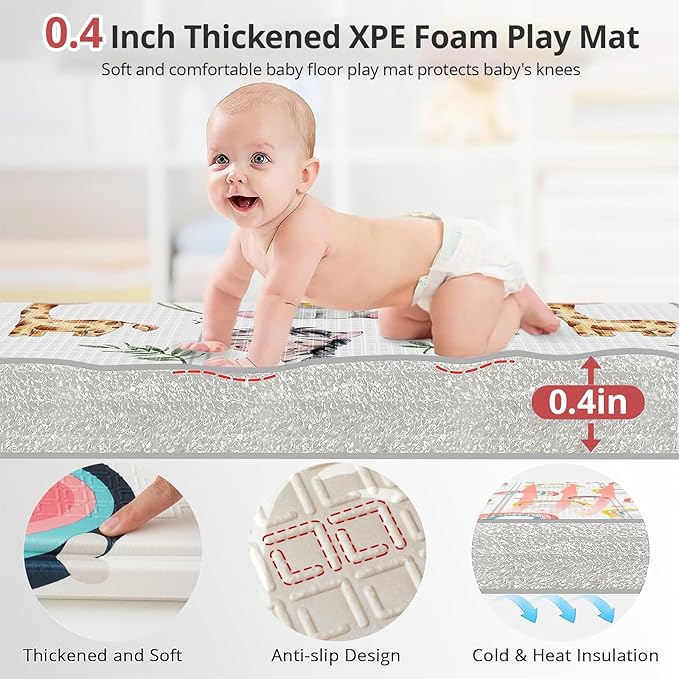 71x59 Foldable Foam Baby Play Mat for Floor, Babies Activity Tummy Time Playmat, Kids Non Toxic Foam Thick Play Mat for Baby, Toddlers, Waterproof & Anti-slip Crawling Mats