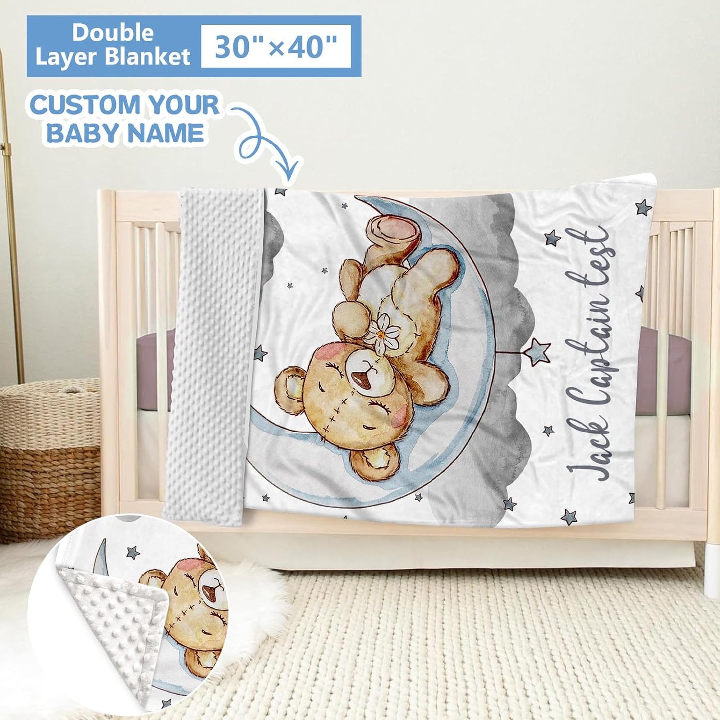 Personalized Crib Set, 5 Pcs Custom Baby Bedding with Name, Double Layer Nursery Bedding for Boy Girl, Soft Moon Bear Bedding Set, Gifts for Toddler, Infant, New Parents