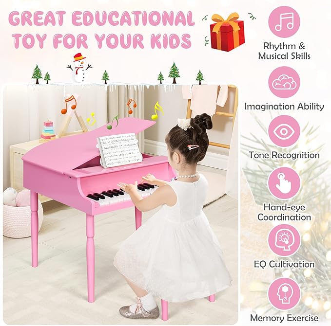 Goplus 30-Key Classical Kids Piano, Mini Grand Piano Wooden Learn-to-Play Musical Instrument Toy with Bench, Piano Lid, Music Rack, Gift for Boys Girls Aged 2+ Baby Toddler(4 Straight Leg-Pink)