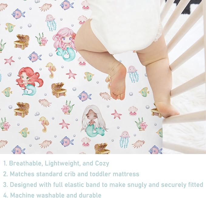 Watercolor Mermaids Baby Crib Sheets 52''x28'' Ocean Animals Fish Sea Horse Jellyfish Conch Coral Stretchy Fitted Crib Mattress Cover for Boy Girl Soft Bed Sheets for Standard Crib Toddler Mattress