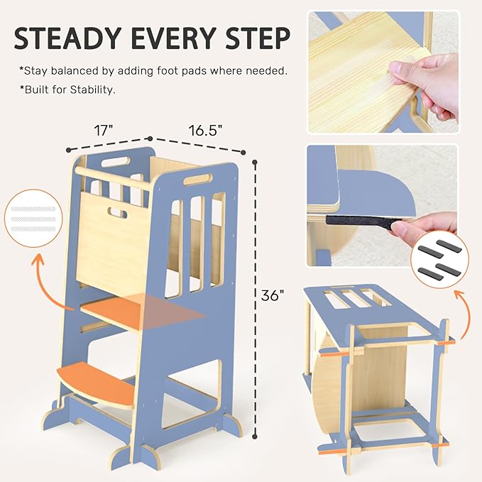 WINGYZ Toddler Kitchen Stool – Adjustable Helper Tower for Kids with Safety Rail, Wooden Standing Step-Up Stool, Sliding Door & Stable Base, Light Blue