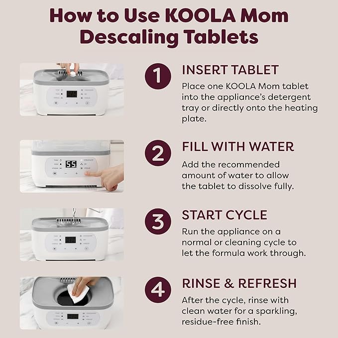 Descaling Tablets for Baby Bottle Washer Sterilizers & Warmers, Compatible with Momcozy & Baby Brezza Removes Stubborn Mineral Scale, Non-Toxic & Baby-Friendly, Extends Product Life 20ct - KOOLA Mom