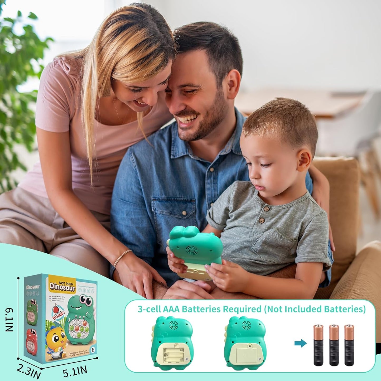 Pop Quick Push Game Light Up Fidget Toys Handheld Puzzle Press Popping Game Console for Kids Ages 3+ Adult Green Dinosaur