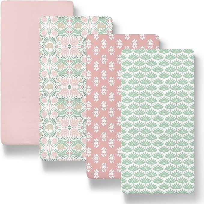 The Peanutshell Baby Bassinet Sheets 4-Pack for Girl - Soft, Oval & Fitted Baby Girls Sheet, Rectangle, Fitted Covers for Crib, Halo Bassinet Mattress - Botanical Garden