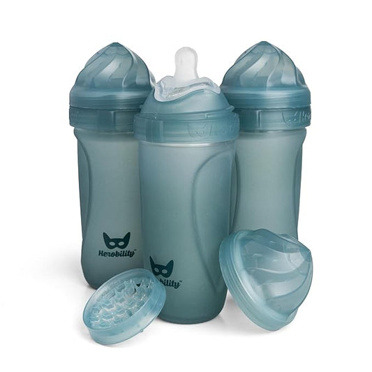 Herobility Glass Baby Bottle - 11 fl oz/320 ml - 3 Pack | Heat Sensing Color-Changing Bottle with Double Anti-Colic Nipple - Silicone Coating - Breastlike Nipples for Newborn Babies - Teal Color