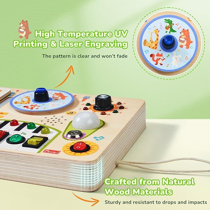 JoyCat Busy Board with Led Light, Toddler Toys for 1 2 3 4 Year Old Boys and Girls, Wooden Sensory Toys with Music, Travel Toy for Toddlers 1-3, Birthday Presents (Yellow)