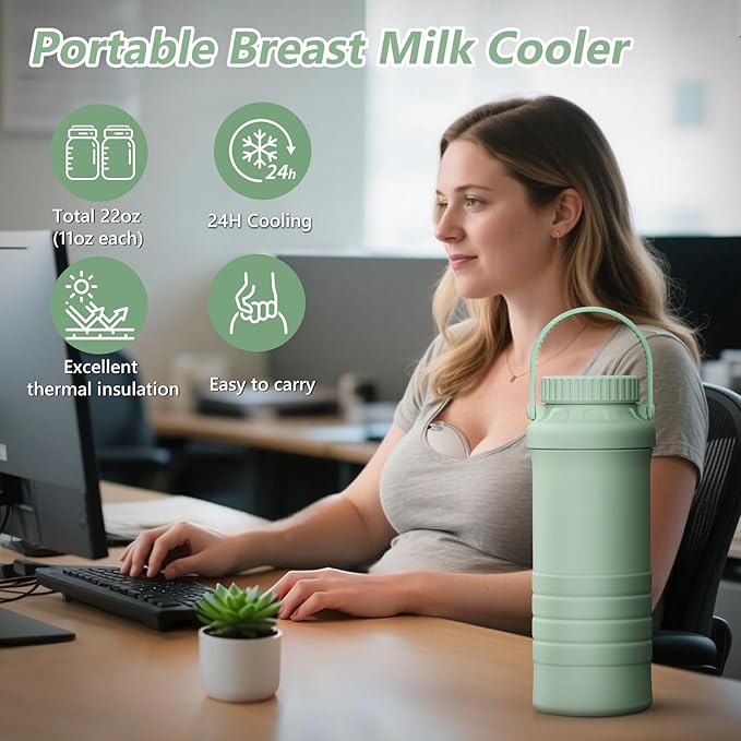 22oz Portable Breastmilk Cooler Bottle, Stainless Steel Breast Milk Chiller, 360° Total Cooling for 24 Hours, Stainless Steel Cooler with 2pcs Baby Bottles for Breastmilk Storage