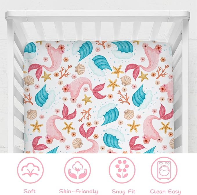Colorful Nautical Life Baby Crib Sheets 52''x28'' Mermaids Starfish Conch Coral Wave Fitted Crib Mattress Cover for Boy Girl Sea Ocean Animal Nursery Bed Sheets for Standard Crib and Toddler Mattress