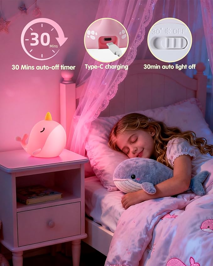 Fuloon Narwhal Night Light with Whale Shape, Squishy Silicone Kids Lamp, Safe & Soothing Touch Control for Kids and Babies, USB-C Rechargeable, 30-Min Auto Timer, Gift Idea (Pink)