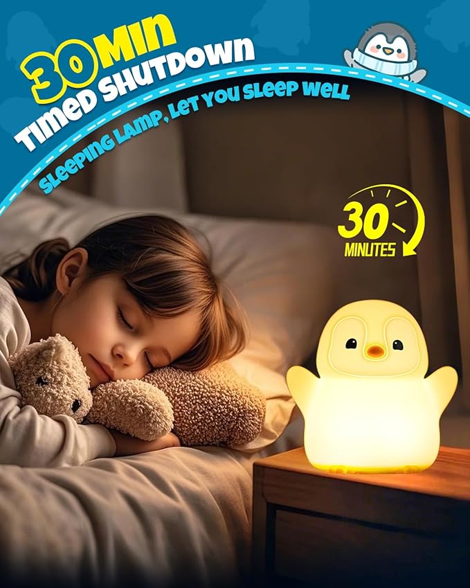 Cute Happy Penguin Night Light, Animal Lamp, Food Grade Silicone, Rechargeable, 2 Level Dimmable, Squishy Nursery Nightlight for Desk Decor, Funny Gifts Stuff for Boys Girls Baby, White Elephant Gifts