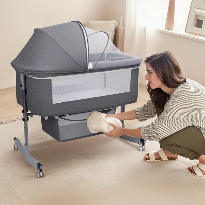 3 in 1 Baby Bassinet | Bedside Sleeper with Storage Basket and Wheels | Bedside Crib for Baby | Height Adjustable Bedside Bassinet Movable Beside Bassinet with Mosquito Net (Grey)