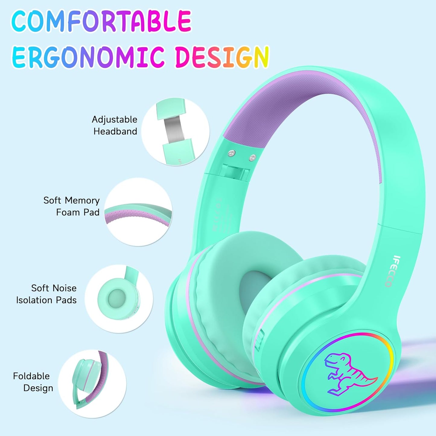 IFECCO Wireless Kids Boys Girls Headphones with Microphone,Cute Light Up Dinosaur Children Bluetooth Headphones Volume-limiting for for School Travel,Boys Girls Gifts for 3-15years