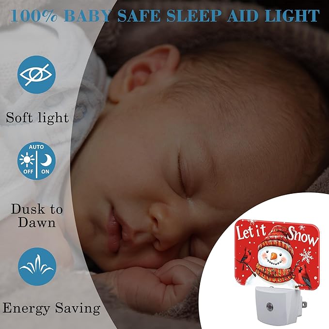 Christmas Snowman Night Light for Kids, Let is Snow LED Night Light Plug into Wall with Dusk to Dawn Sensor for Girls Boys Women Men Room, Hallway, Kitchen, Bathroom, Stairs Decor