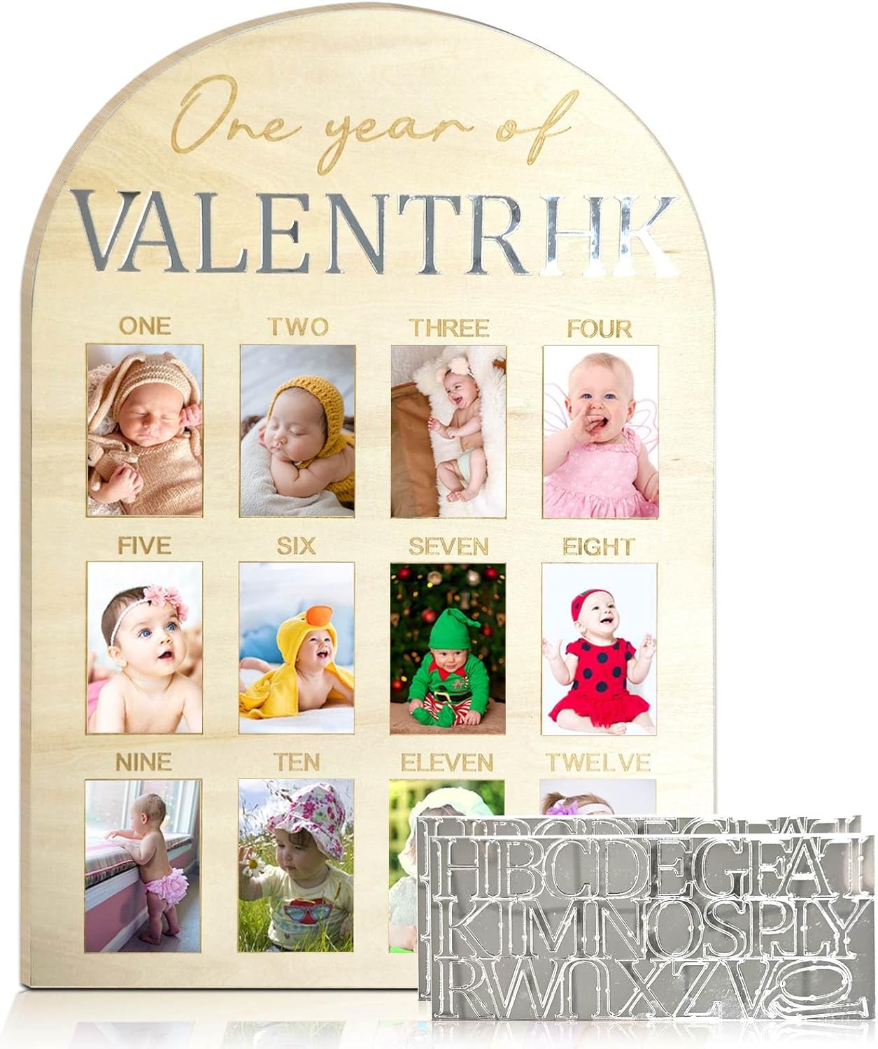 One Year Of Photo Board My First Year Milestone Board 12 Monthly Picture Frame Baby's First Year Wood Photo Board Acrylic Mirror Letters 1st Birthday Decoration Baby Keepsake Gift (2" x 3" photos - Wallet Size)