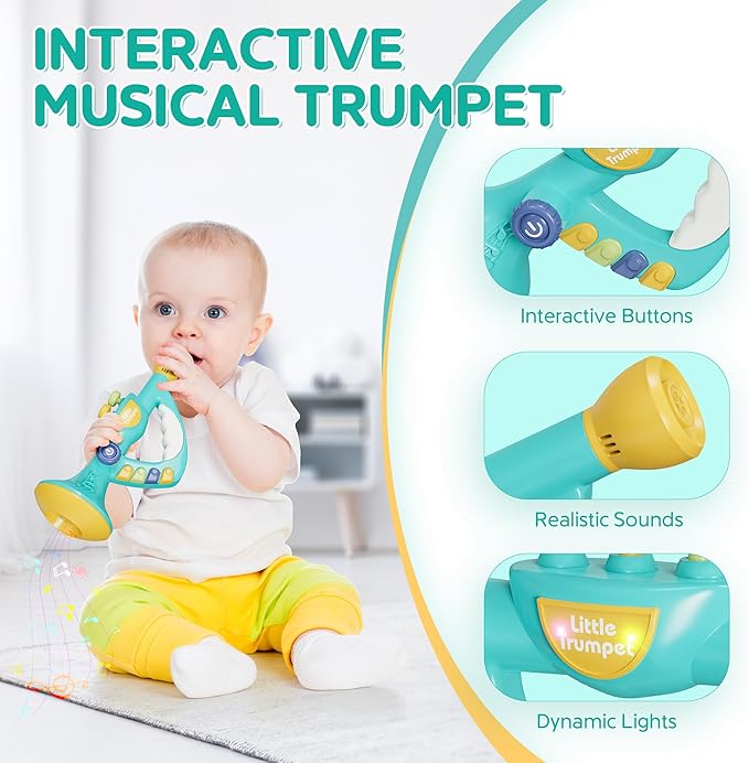 Contixo KT2 Musical Trumpet Toy for Kids, Blue Baby Educational Music Toys with Light Effects, Adjustable Volume, Multiple Rhythms, Easy Play Modes, Realistic Whistle Sounds for Toddler Boys Girls