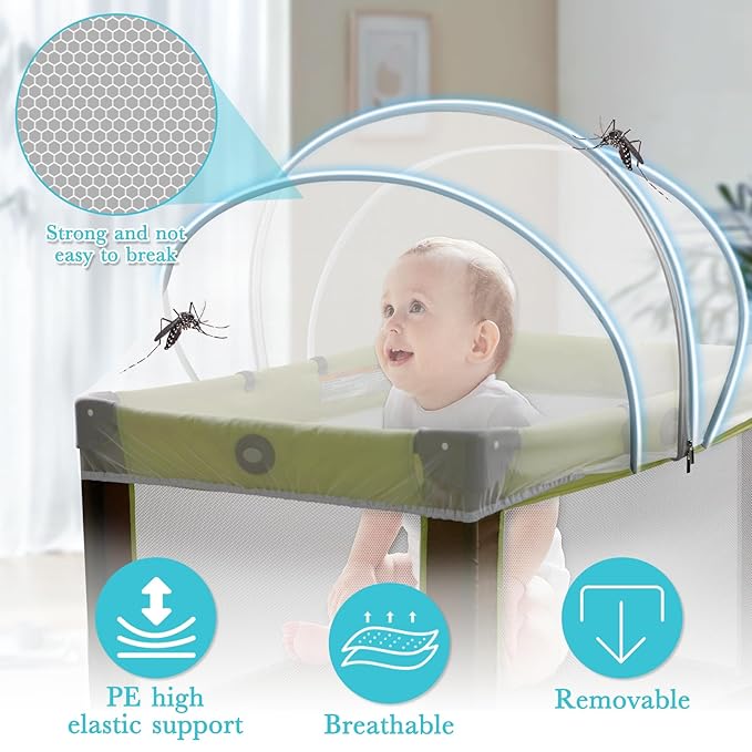 Pack N Play Tent Cover - Bassinet Cover for Pack N Play/Travel Crib/Mini Crib/Playpen, Bassinet Mosquito Net Cover with Two-Way Zippers (White-Large)