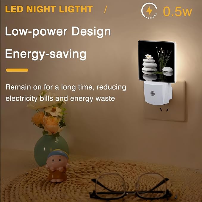 Grey Stones and White Lotus Night Light, Plug-in Nightlight with Dusk to Dawn Auto Sensor for Home Bedroom Hallway Kitchen 0.5W Sleep Friendly Led Lamp for Women Men
