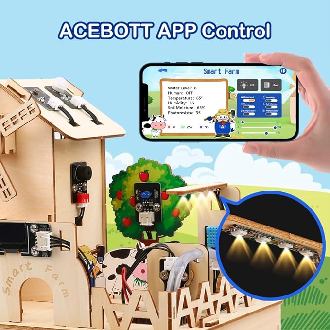 ACEBOTT ESP32 IOT Smart Farm Kit Compatible with Arduino/Scratch, STEM Kit Coding Kit with APP Control, Stem Toys Wooden House Building kit, STEM Educational kit for Kids 12+