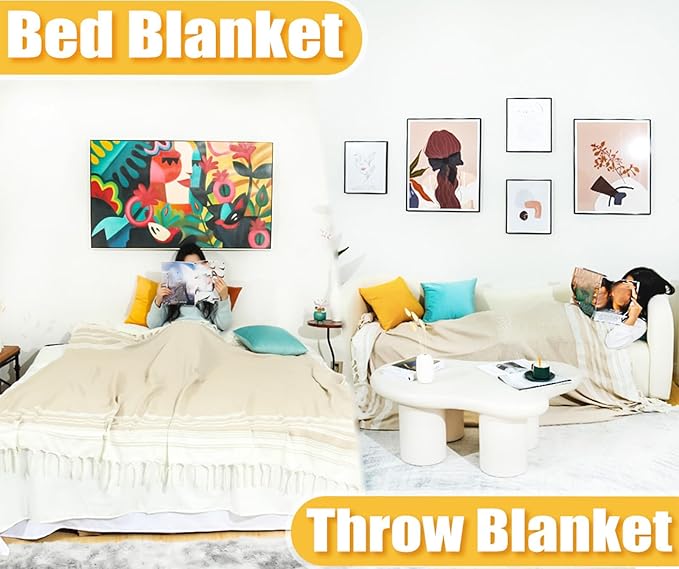 Boho Beige Throw Blanket Bedroom Living Room Accessories Sofa Couch Chair Essential Bohemian Aztec African Southwest Neutral White Fall Antique Vintage French Country Primitive Cottage Nursery Decor