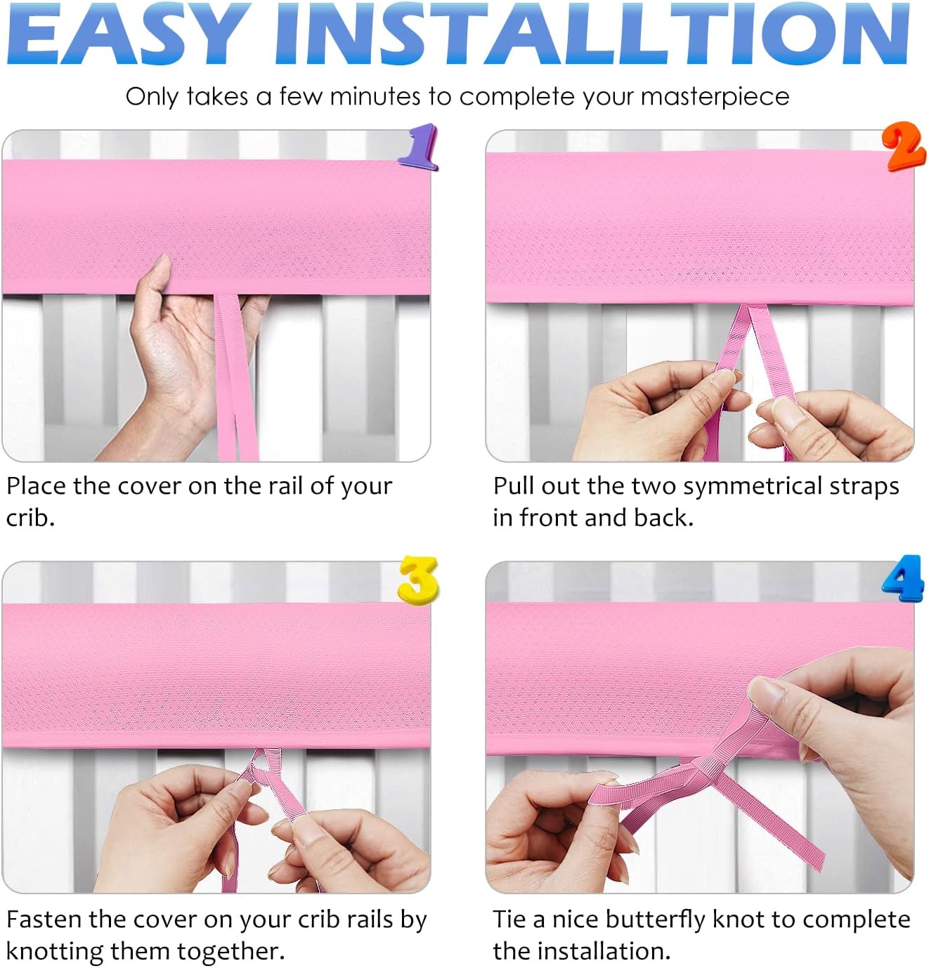 3 in 1 Breathable Crib Rail Covers for Life Size Cribs,White Soft Anti-Collision Strip Corner Covers,Protect Baby Teeth and Save Crib Rails, Rail Edge Protector Strip (Pink-4pc)