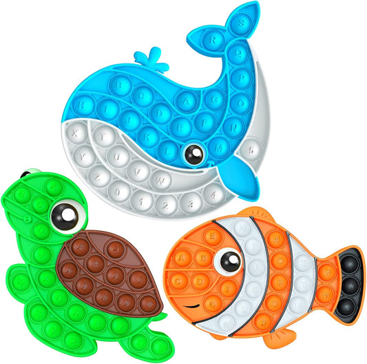 3 Pack Sensory Fidget Poppers Push Bubble Toy, Silicone Squeeze Autism Anxiety Stress Relief Educational Popping Toys for Kids Adults - Clown Fish, Whale, Turtle