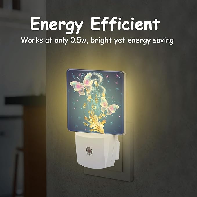 Glowing Butterflies and Golden Leaves Night Light Plug Wall,LED Night Lights with Dusk to Dawn Light Sensor for Women Girls Boys Room Decor,Hallway,Kitchen,Bathroom,Nursery,Stairs