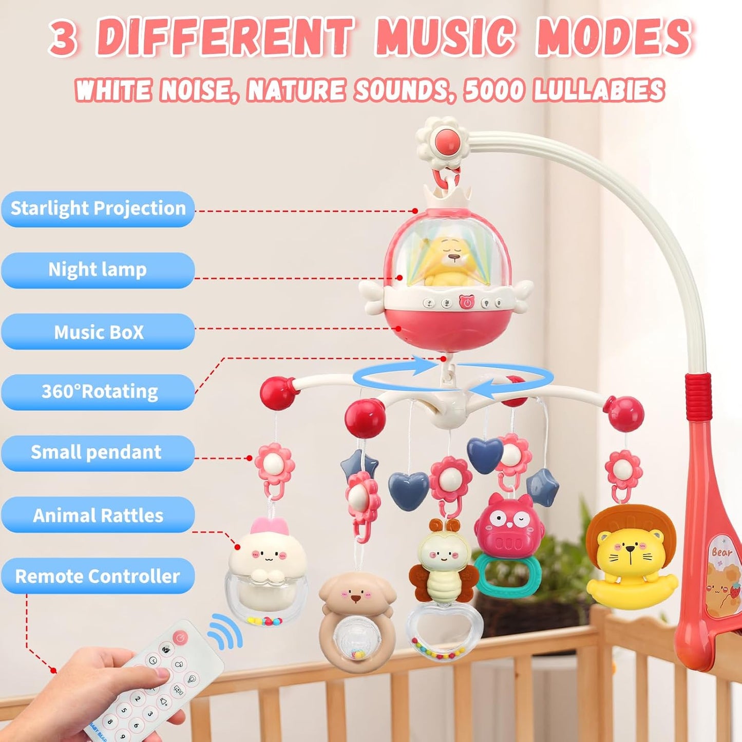 Baby Crib Mobile with Night Lights and Music,Hanging Mobile for Crib Bassinet with Rotation, Projection,Remote Control,Babies Crib Toys for Nursery Newborn Infant Boys Girls (Pink)