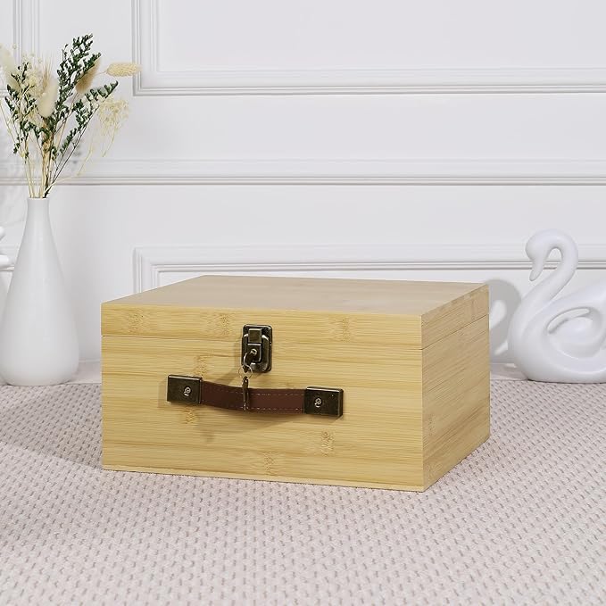 ANMINY Wooden Keepsake Memory Box with Locking Lid Bamboo Wood Storage Box with Hinged Lid & PU Leather Handles Large Decorative Wooden Chest Box for Crafts Stash Gifts - Natural, 12"L x 10"W x 6"H