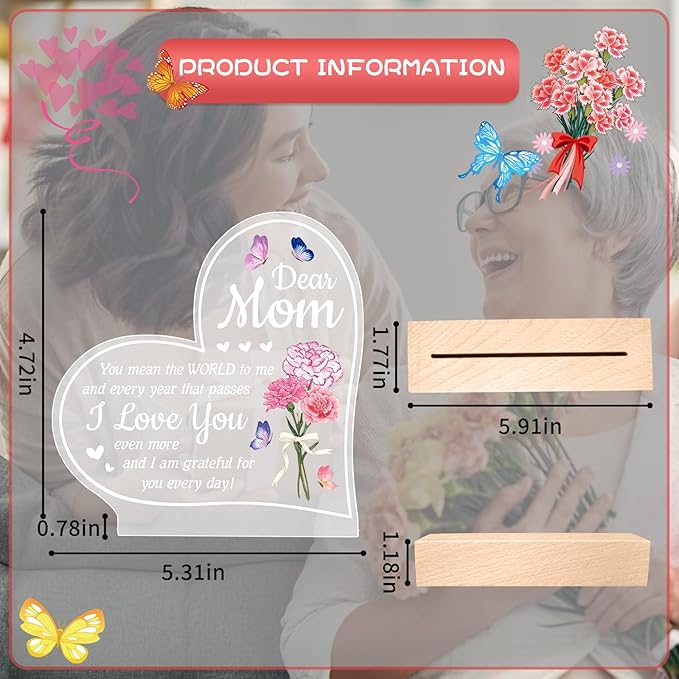 Carnation Heart Shape 3D Crystal Acrylic Light Base with Wood Stand, LED Light for Kids Room Decor, Gift for Mom on Birthday or Holiday, Home Décor Art Display