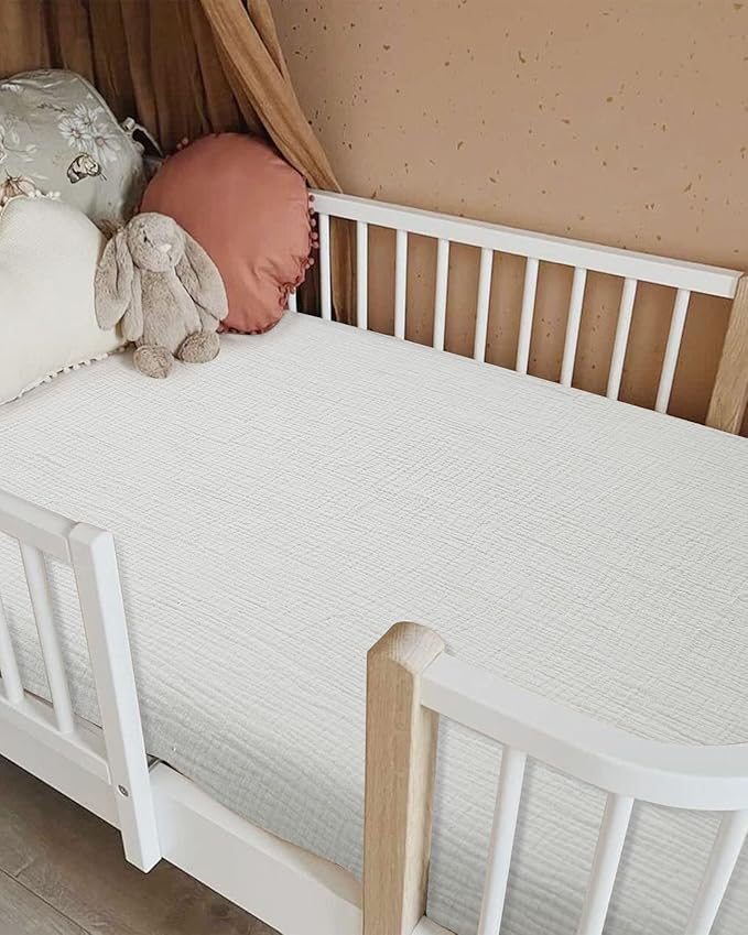 Crib Sheets for Boys Girl, Fitted Baby Toddler Bed Sheets 28" x 52", Neutral Muslin Cotton Crib Mattress Bedding Soft and Breathable Comfort (White)
