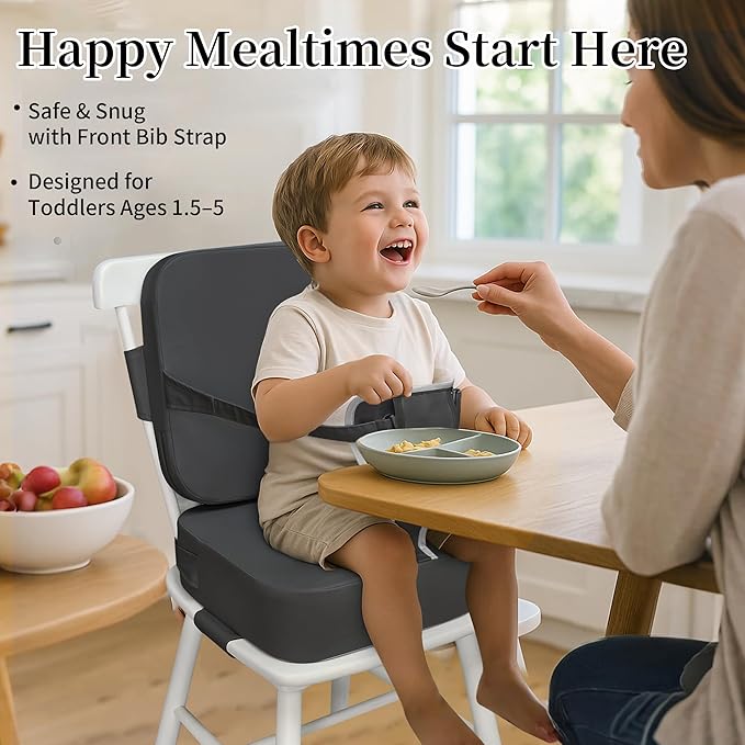 Toddler Booster Seat for Kitchen Chair and Dining Table, Non-Slip Cushion with Backrest, Adjustable Straps, Waterproof and Portable for Travel - Dark Grey