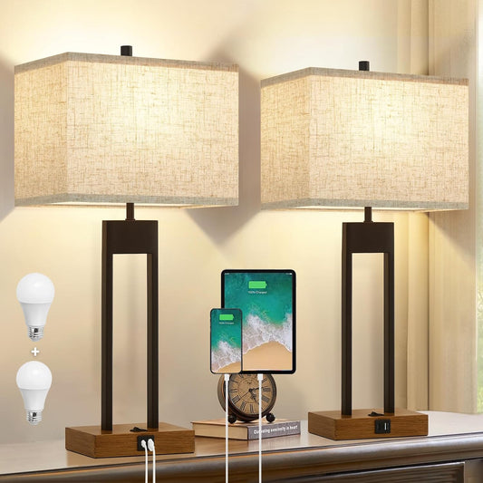 25.5'' Set of 2 Modern Bedroom Table Lamps with USB C+A Ports, 3 Color Changeable, Brown Night Stand Lamps for Bedside, Guest Room, Office, Reading