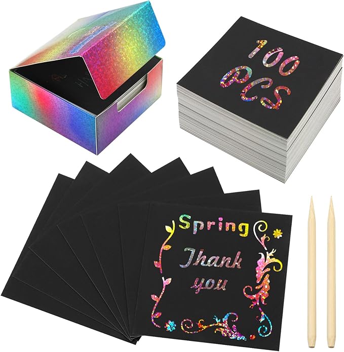 100 PCS Magic Rainbow Glitter Scratch Art Notes,Cool Scratch Paper for Teens,3.3"x3.3" Blank Scratch Art Set for DIY Crafts,with 2 Painting Templates and 2 Scratch Pen