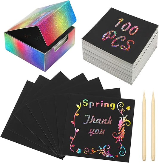 100 PCS Magic Rainbow Glitter Scratch Art Notes,Cool Scratch Paper for Teens,3.3"x3.3" Blank Scratch Art Set for DIY Crafts,with 2 Painting Templates and 2 Scratch Pen