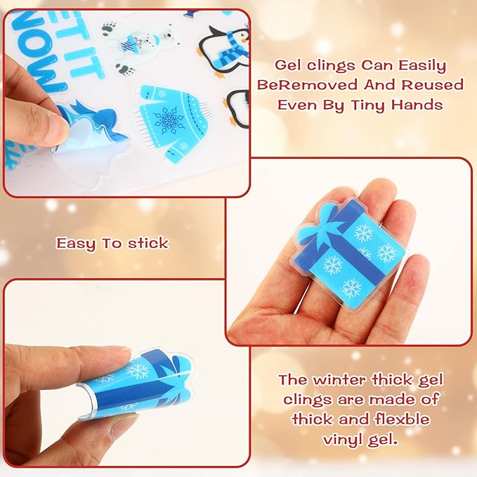 MARFOREVER 50 PCS Winter Gel Window Clings, Reusable Snowman Penguin Snowflake Thick Gel Clings Decals for Christmas Kids Gift Toddlers Classroom Xmas Party Supplies Window Glass Decoration
