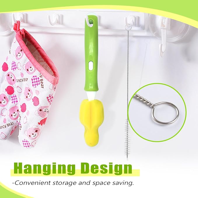 INVODA Nipple Brush 4PCS Sponge Bottle Brushes with 4 PCS Straw Brush Baby Bottle Nipple Cleaner Brush Long Handle Detachable Nipple Brushes (Yellow)