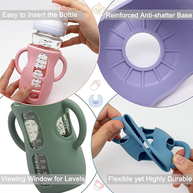 4 Pack Silicone Sleeves for Avent Natural Glass Baby Bottles, Anti Breakage Bottle Holder, Compatible with Philips Avent Glass Natural Baby Bottles (Apricot+Pink+Purple+Orange, 8 OZ)