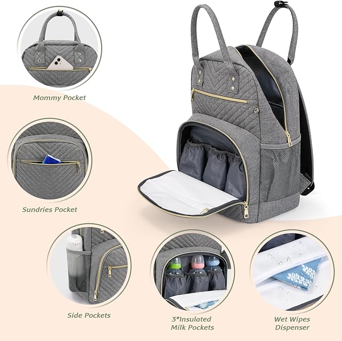 Diaper Bag Backpack,Baby Essentials Diapers Bag with Pacifier Case,Multipurpose Stylish Large Capacity Travel Backpack for Baby Girl/Boy(M-Gray)