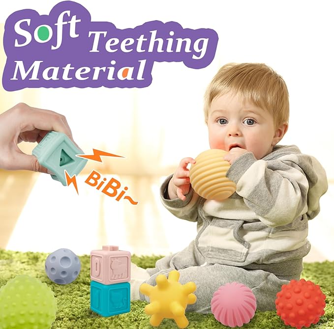 Montessori Toys for Babies,Soft Stacking Building Blocks Rings Balls Sets,3 in 1 Baby Toy Bundle,Sensory Toy for 6-12 Months, Soft Teething Toys for Babies,Baby Gifts for Boy Girl