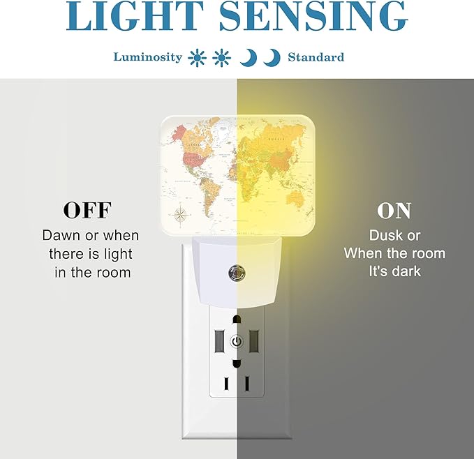 Vintage Yellow World Map Night Light for Kids, World Map LED Night Light Plug into Wall with Dusk to Dawn Sensor for Girls Boys Women Men Bedroom, Hallway, Kitchen, Bathroom, Stairs Decor