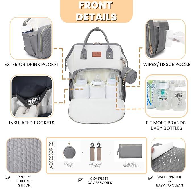 Baby Diaper Bag Backpack with Changing Pad, Pacifier Case, for Boy Girl Toddler - Large, Stylish, Waterproof Travel Quilted Diaper Bag for Mom - Gray/White