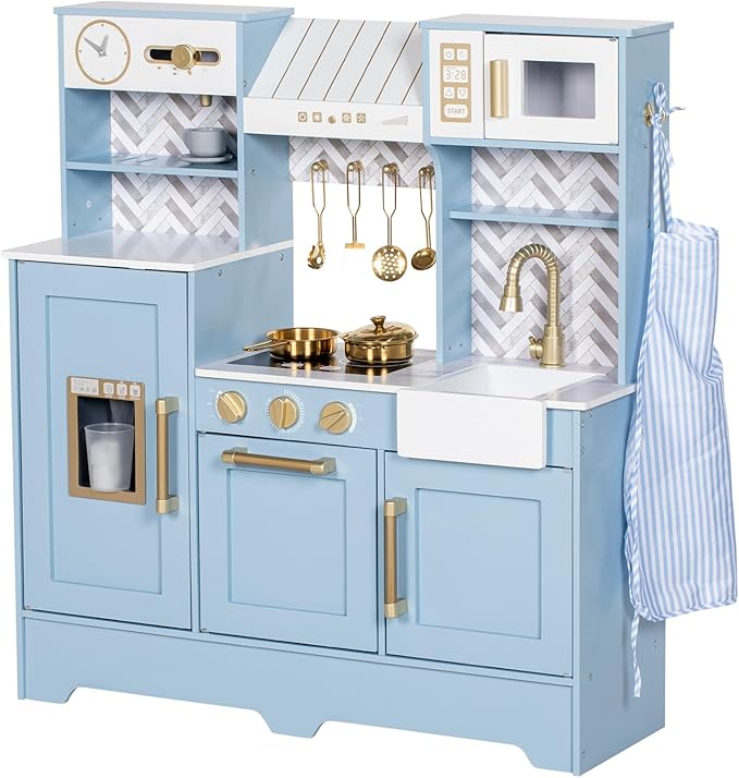 Play Kitchen for Kids, Wooden Children Kitchen Playset w/Coffee Maker, Oven, Stove, Sink, Apron, Ice Maker, Cookware, Kids Toy Kitchen Set for Toddler Girls Boys Pretend Play Toy Gift Ages 3+