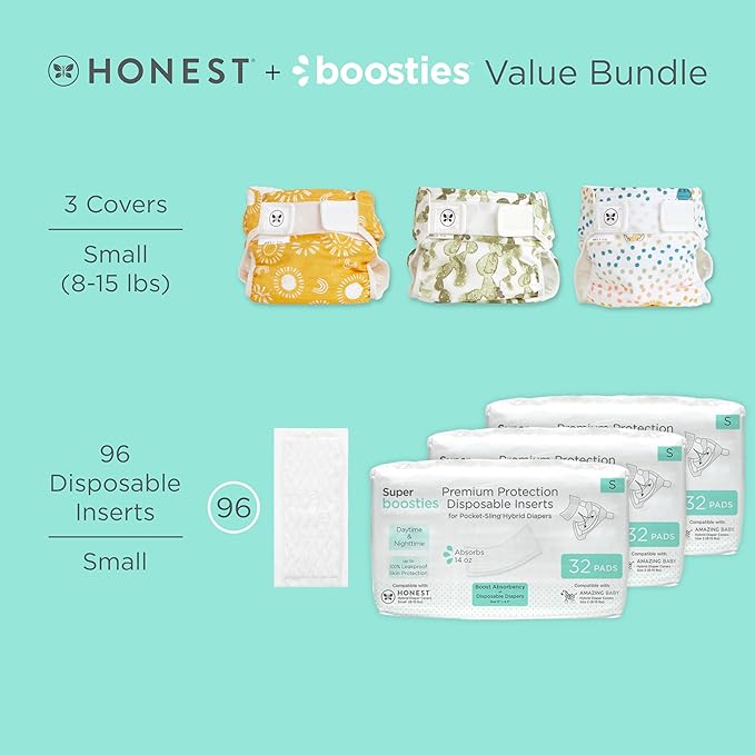 Super Boosties 96ct + Honest Hybrid Cloth Diaper Cover with Pocket-Sling, Small (8-15 lbs), Stops Nighttime Leaks, Boosties Disposable Diaper Inserts, Honest Cotton Muslin Covers, 3 Pack
