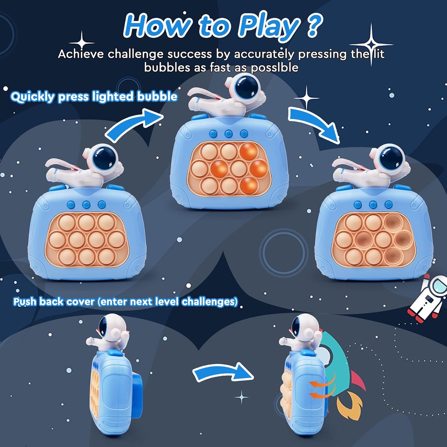 Fast Push Bubble Game, Handheld Fidget Toys, Stress Relief Interactive Game Console for Kids and Adults- Blue