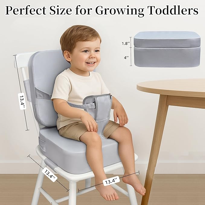 Toddler Booster Seat for Kitchen Chair and Dining Table, Non-Slip Cushion with Backrest, Adjustable Straps, Waterproof and Portable for Travel - Grey