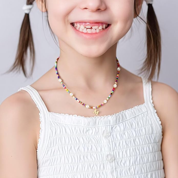 M MOOHAM Colorful Initial Necklaces for Girls - Beaded Pearl Choker Necklace for Women Teen Girl Colorful Summer Boho Necklace Jewelry, Trendy Personalized Letter Initial Gifts Birthday Gifts Kids